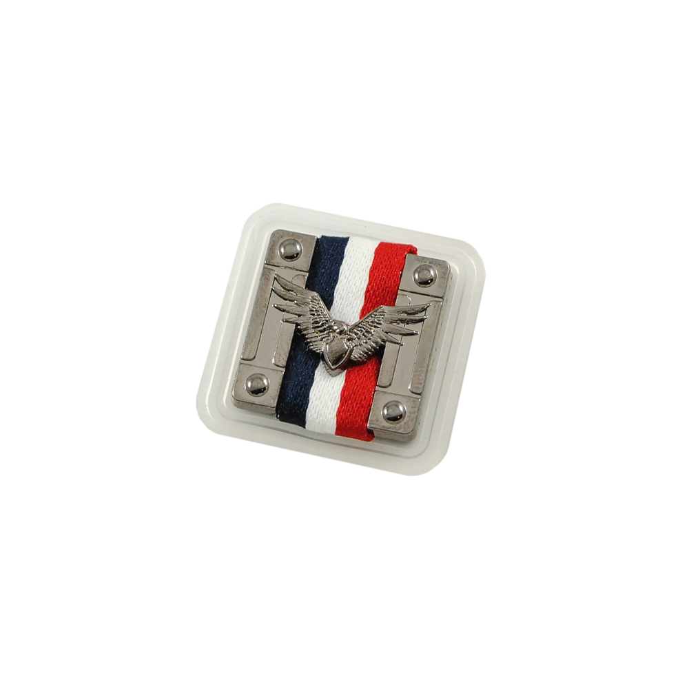 Лейба резина и металл М-орел 28*28мм прозрачная основа, ткань красно-бело-синяя, металл черный никель, шт. Лейба Резина