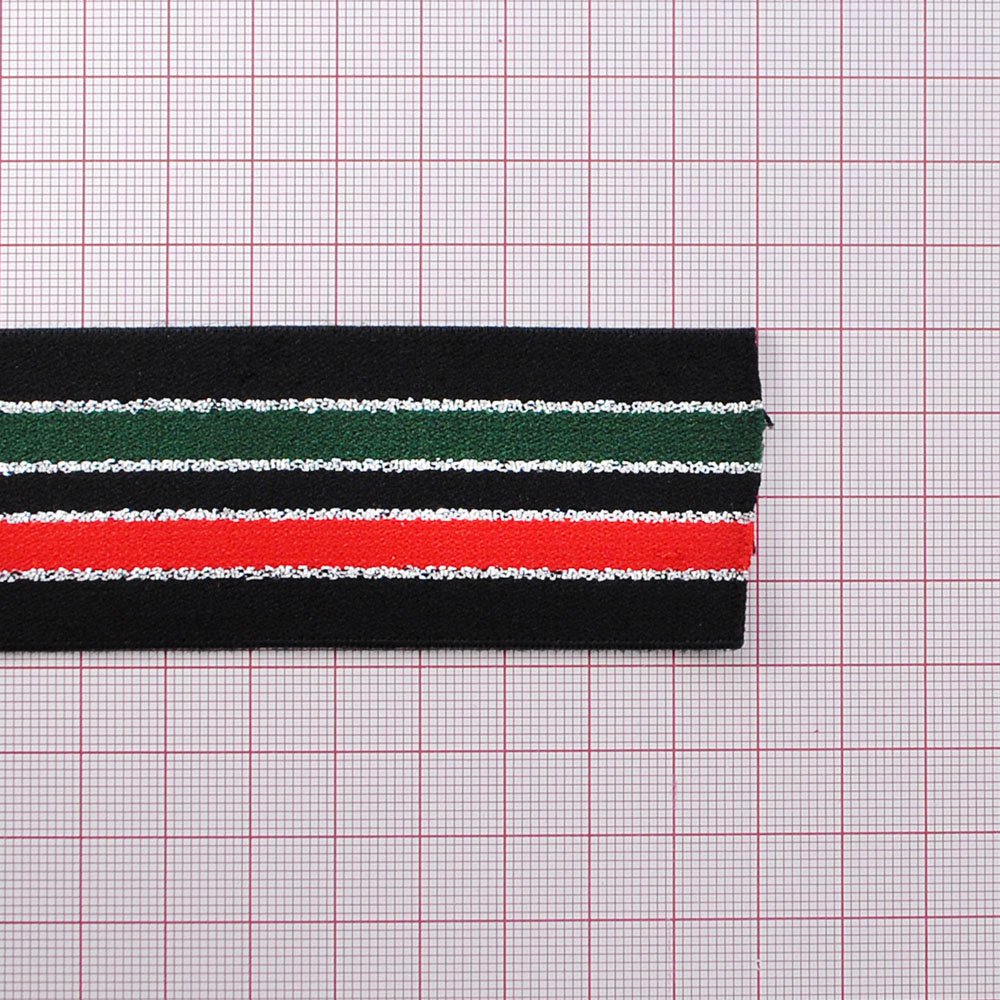 Резинка Полосы 3,8см, черный, красный, зеленый и серебряная нить, 50ярд. Резинка