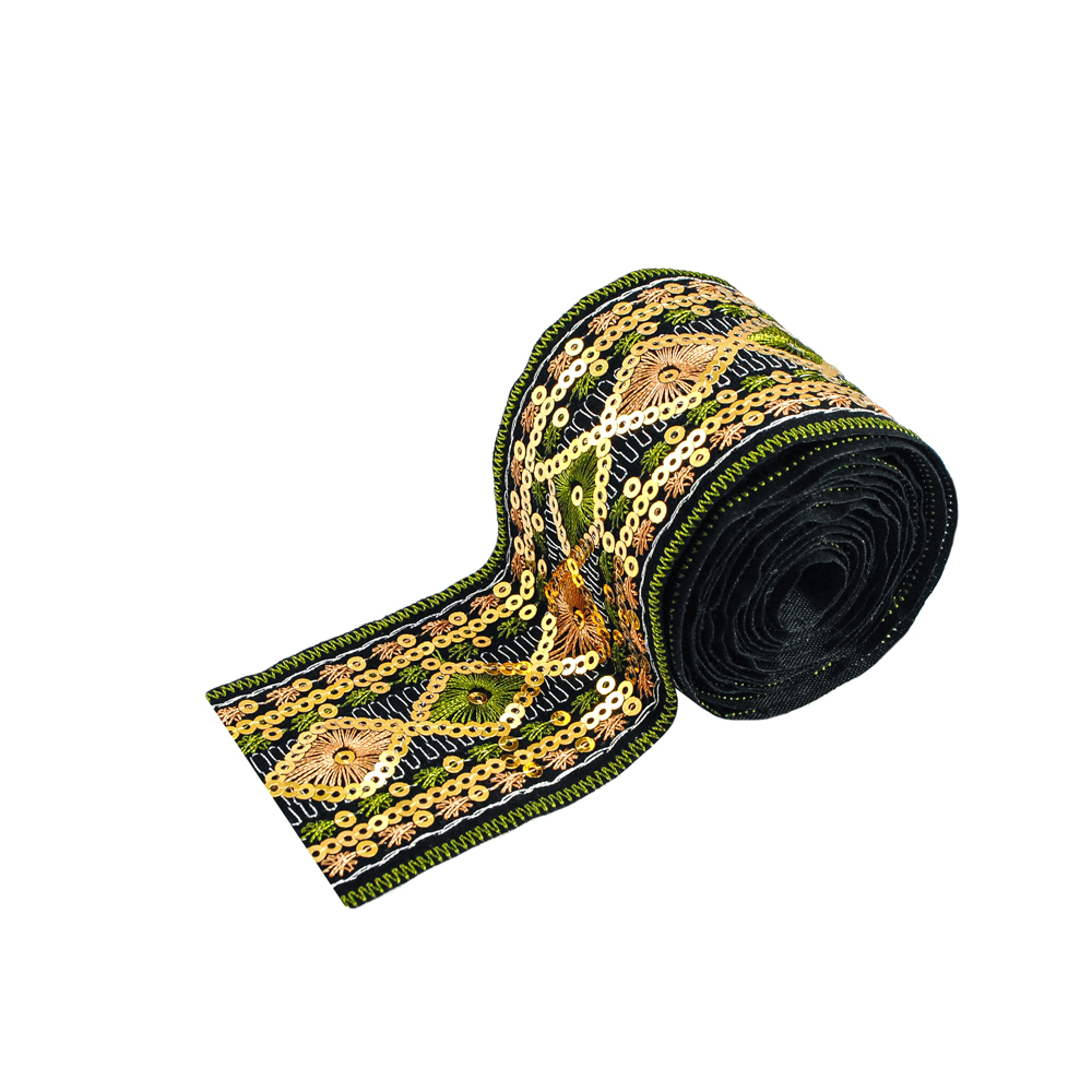 Тесьма Орнамент 4см, черный, золотые пайетки, зеленая и золотая вышивка, серебряный люрекс, 20ярд. Тесьма