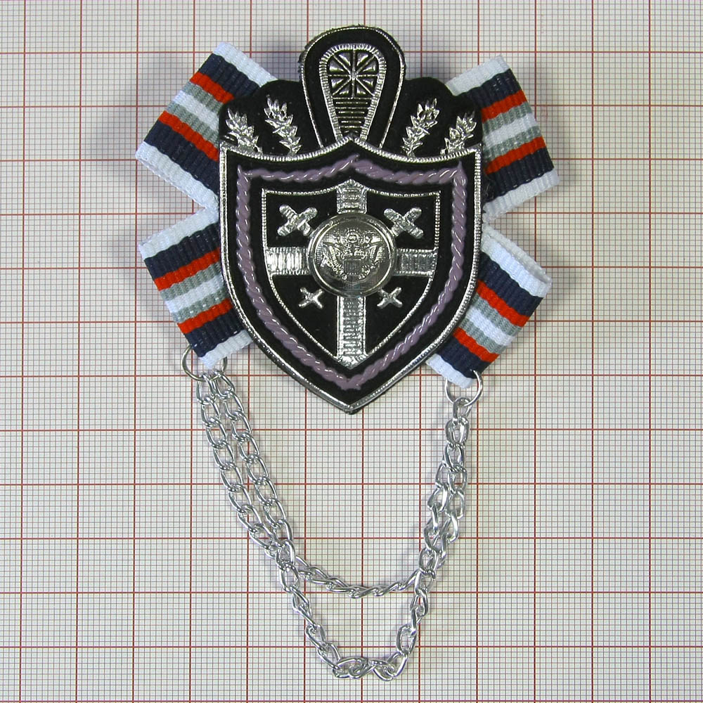 Брошь № 32 ГЕРБ-крестик серебро, пуговица, сине-серо-красная лента, шт. Броши