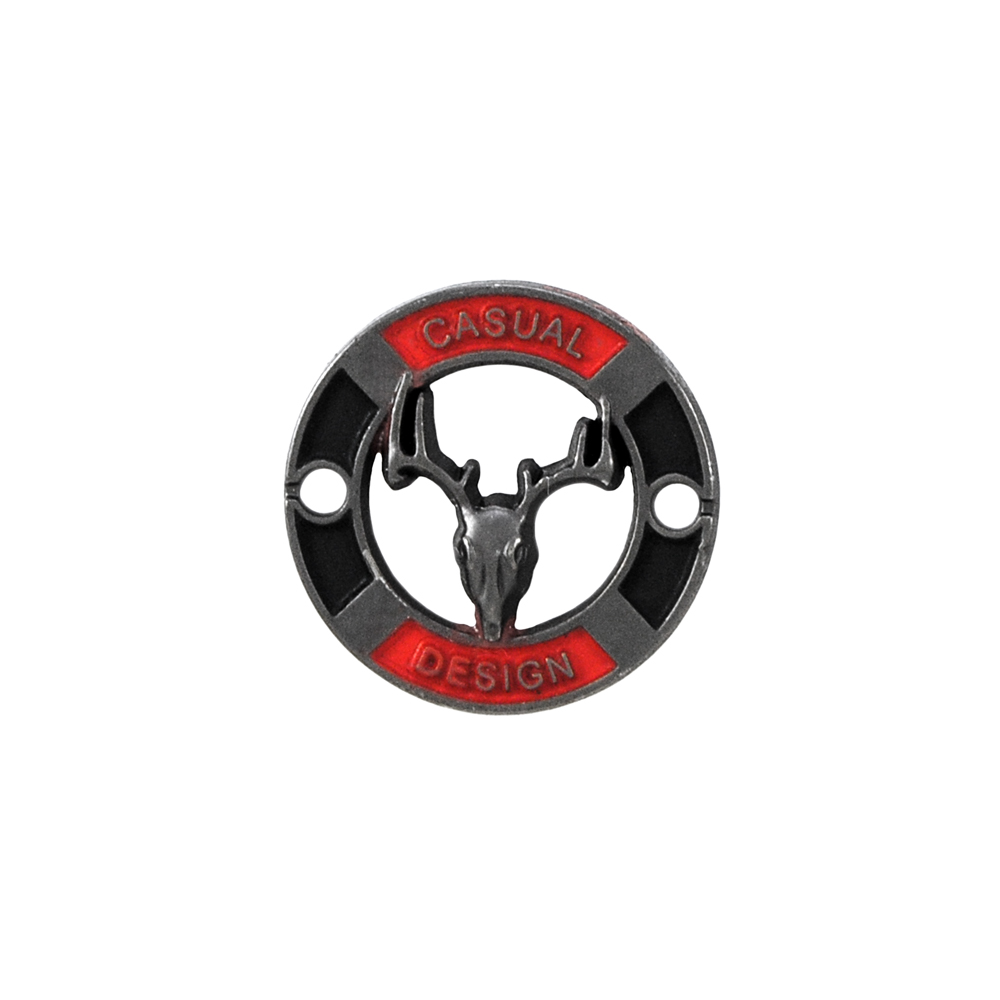 Лейба металл Casual Олень 20мм пришивная, ХРОМ, красный, черная эмаль. Лейба Металл