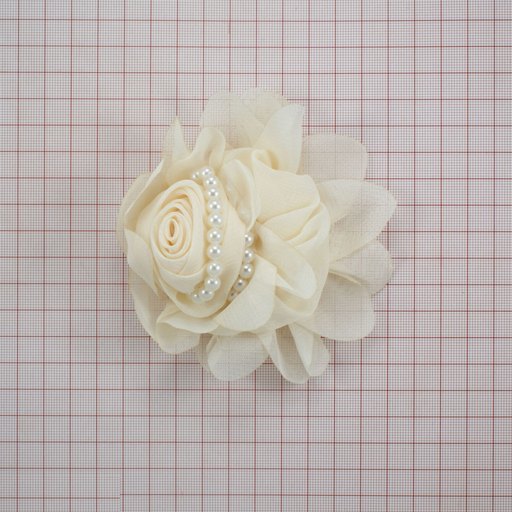 Аппликация декор Роза шифон бежевый, оборка-жемчуг. Аппликация Декор