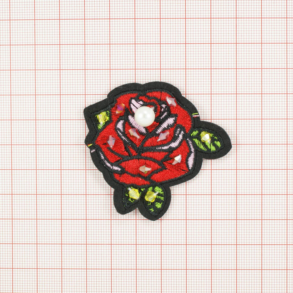 Аппликация пришивная стразы Роза с жемчужиной 60*55 мм красно-зелено-розовая, шт. Аппликации Пришивные Стразы, Бисер, Металл