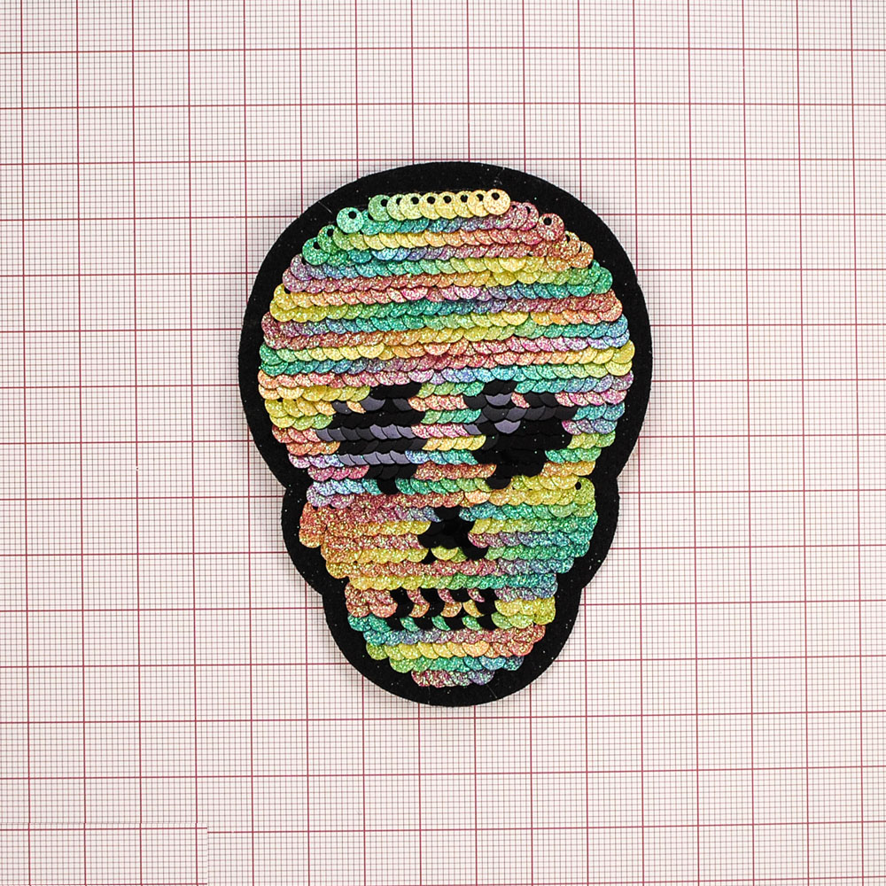 Аппликация клеевая пайетки двусторонняя Череп Блестки 7*10см разноцветные пайетки /серебро и черные пайетки, шт. Аппликации клеевые Пайетки