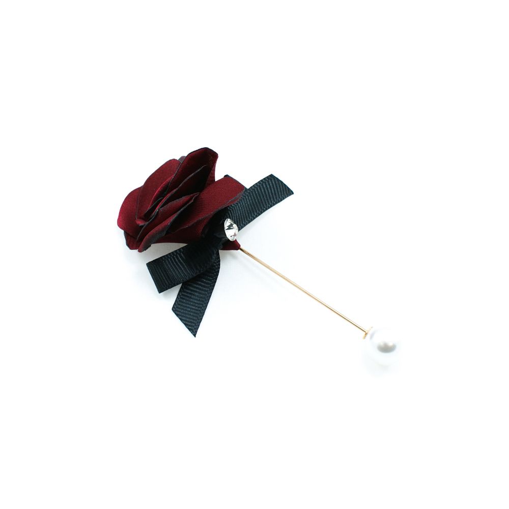 Булавка Роза с бантом 10*5см золото, бордовый, черный, белый жемчуг, белый камень. Булавки