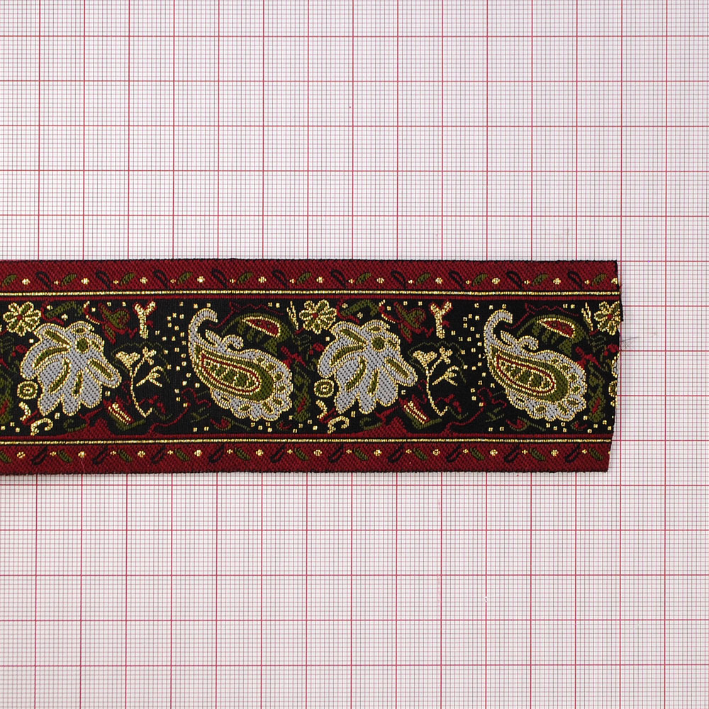 Тесьма декор. черно-вишнев., орн.серо-зел.цветы-люр.зол., 5см 100м. Тесьма