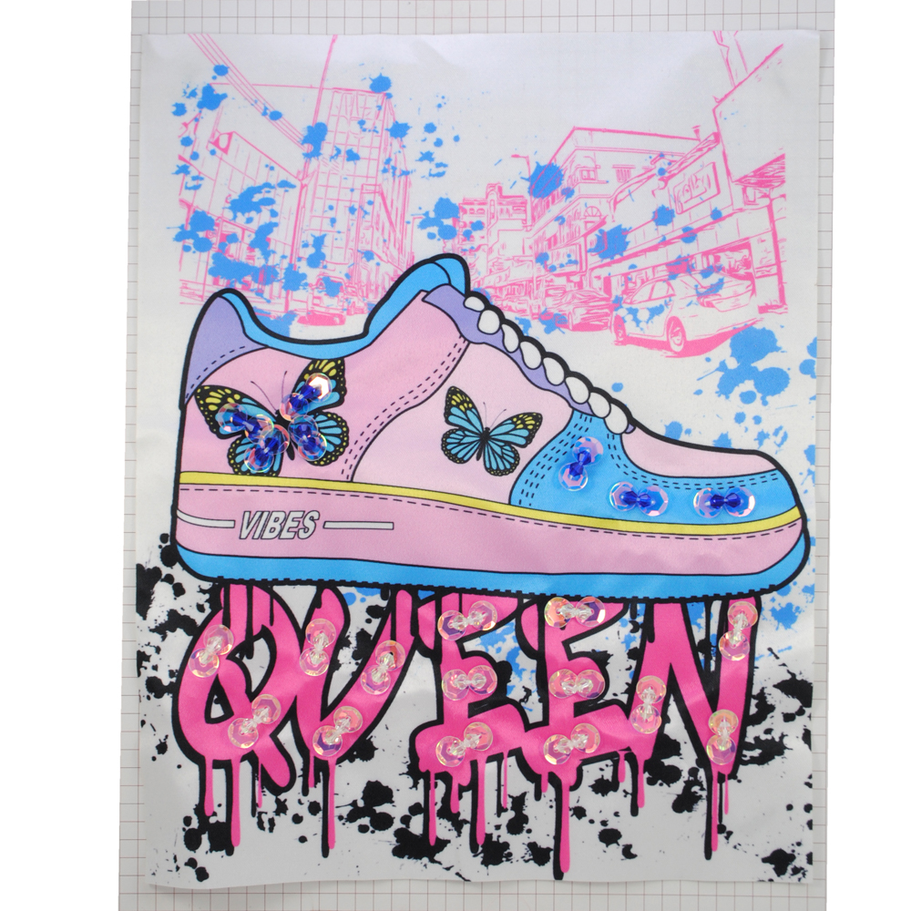 Аппликация пришивная с пайетками Кеды QUEEN,19,2*24см, черный, белый, розовый, синий, шт. Аппликации Пришивные Ткань, Органза