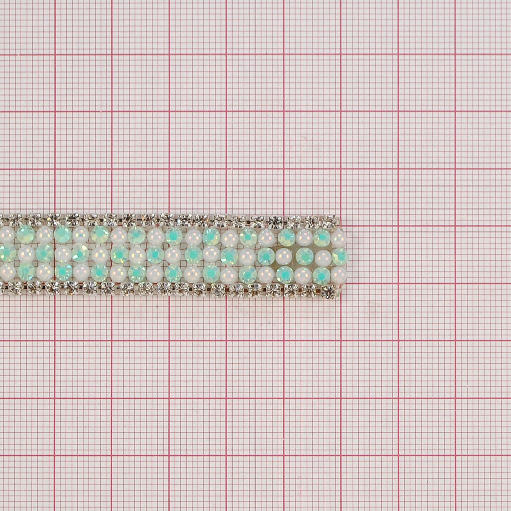 Тесьма стразы клеевые F1-1,1,4см NIKEL, камни бирюзовый хамелеон, белый жемчуг, ярд. Тесьма из страз