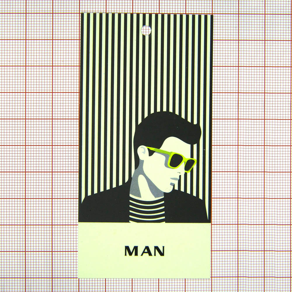Этикетка бумажная Pharrell Williams MAN очки 5*10см,  /обычный картон/. Этикетка бумага