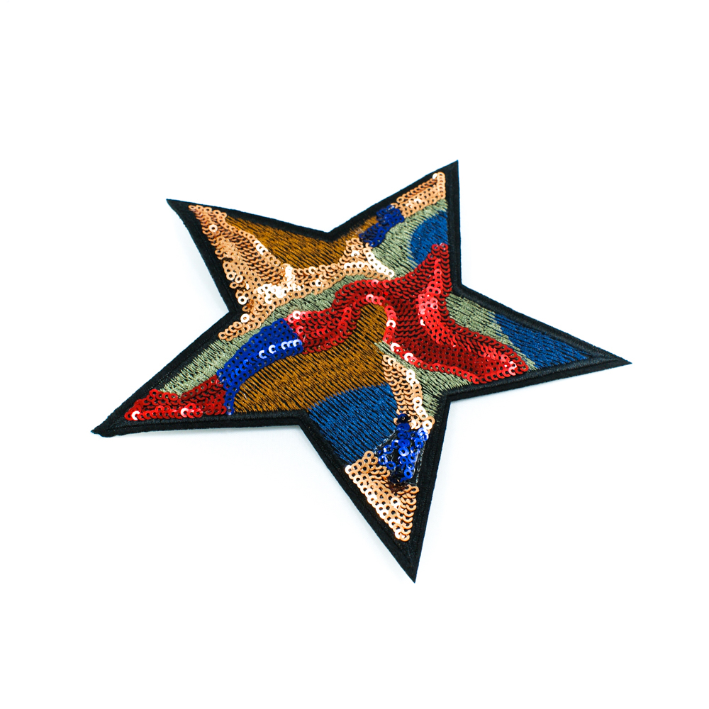Аппликация клеевая пайетки Звезда 17*16,5см коричневые,синие,оливковые,черные нити, красные, синие, золотые пайетки. Аппликации клеевые Пайетки