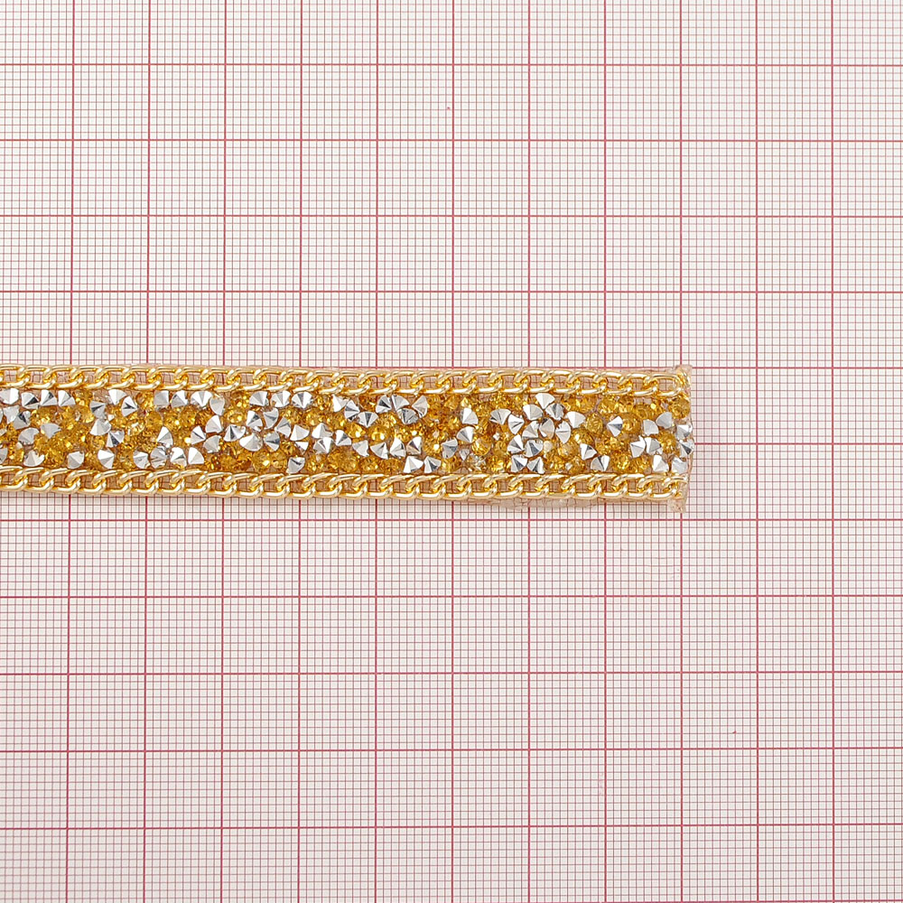 Тесьма стразы клеевые Гречка GOLD, топаз с серебром, ярд. Тесьма из страз
