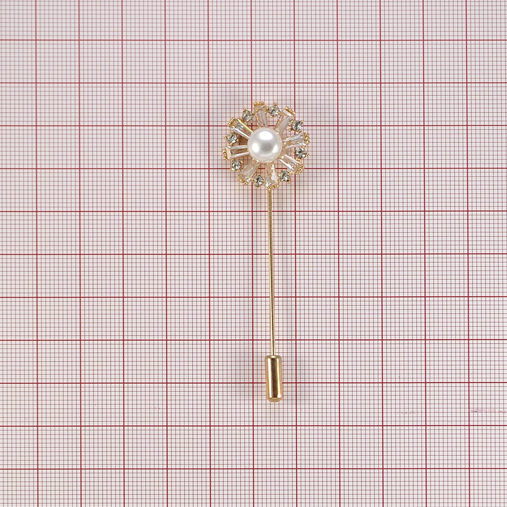 Булавка Цветок GOLD, белый жемчуг, белые камни, шт . Булавки
