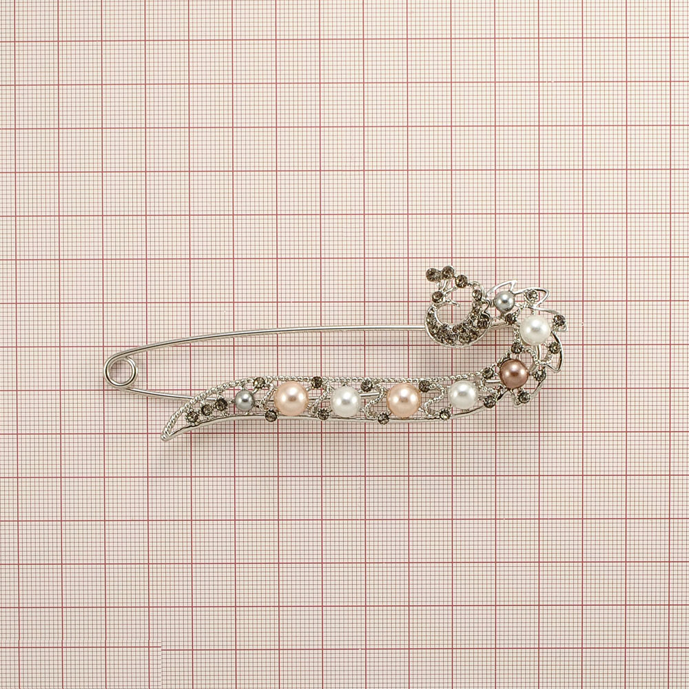 Булавка и бусины №2, никель 10,5*4см, серые камни, белый жемчуг, серый жемчуг, шт. Булавки