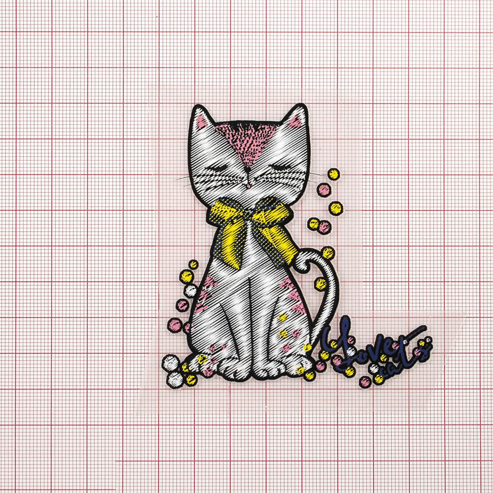 Термоаппликация Кот, бант желтый 8*7,5см, белый, розовый, желтый, шт. Термопереводки Детские