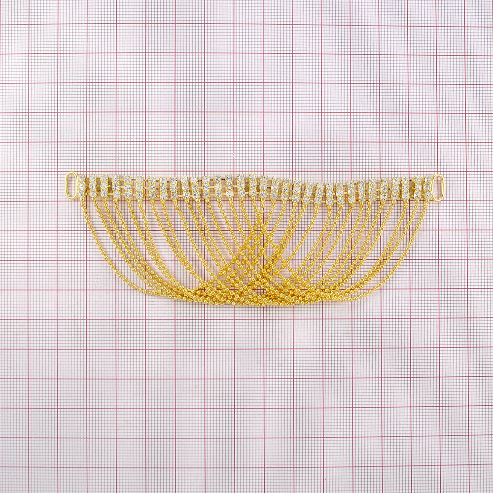 Укр.стекл.  9880 перетяж. 3,8*1,7см GOLD, 32*3 мелк.бел.камни, 16тонких сплетен.цепочек. Перетяжка металл со стразами
