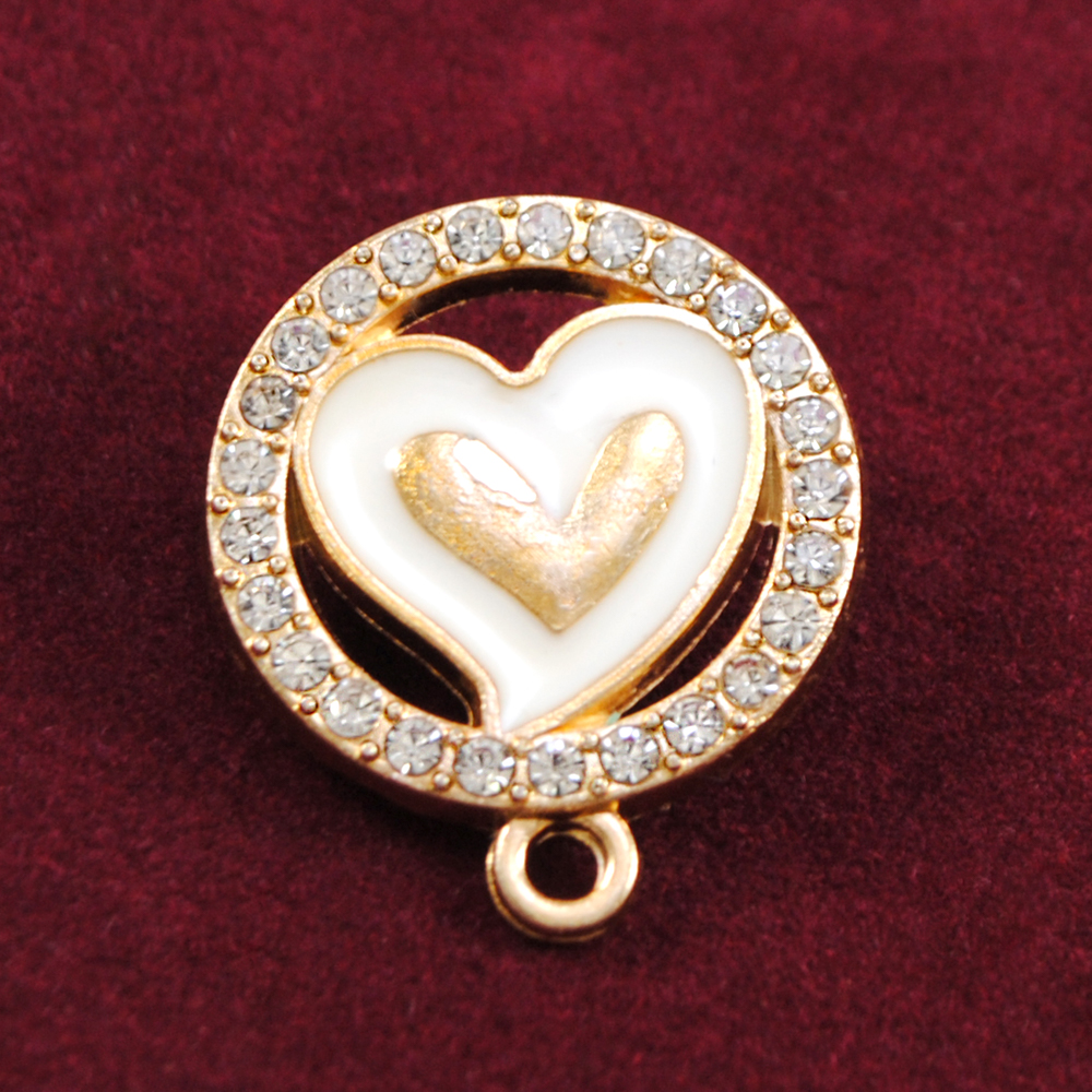 Подвеска металл Сердце в сердце, 2*2см, зол., бел.эмаль, камни АА, шт. Подвески