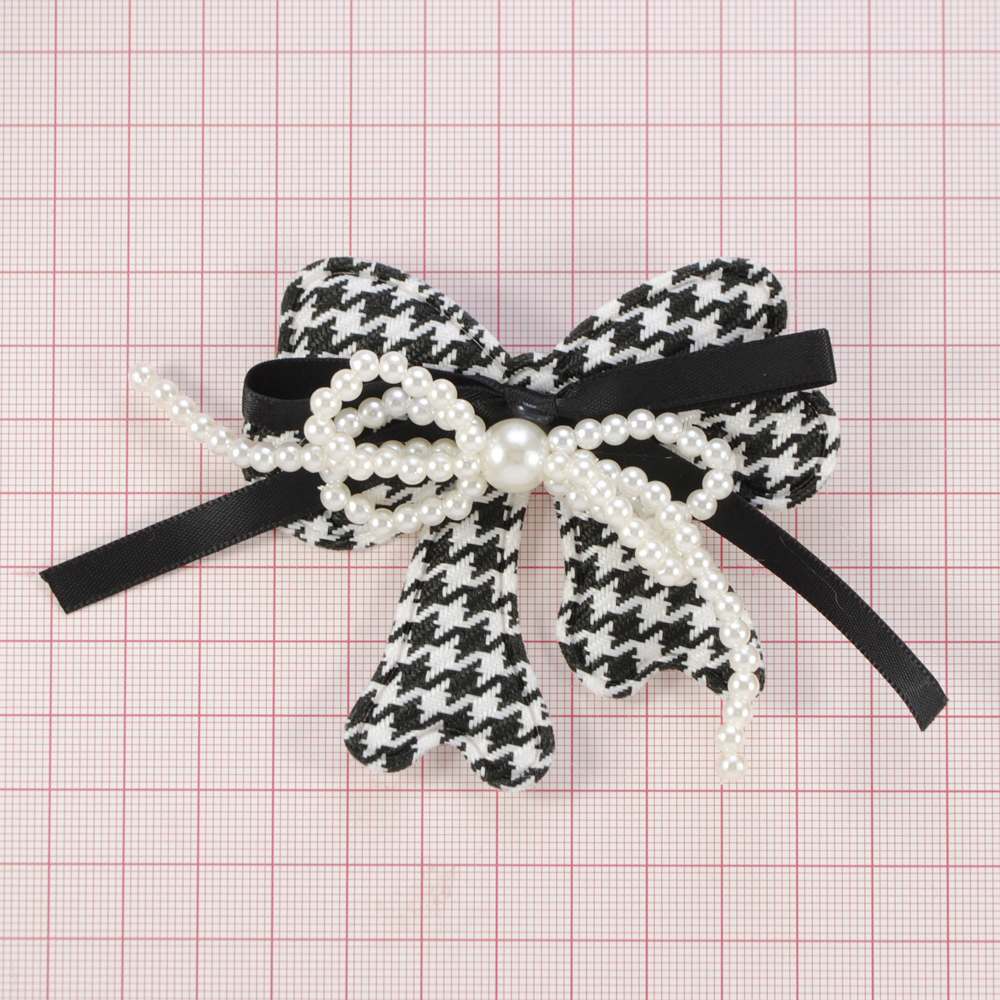 Булавка с шевроном Бантик, 8*7см,  черно-белый, узор гусиные лапки, жемчуг, шт. Булавки