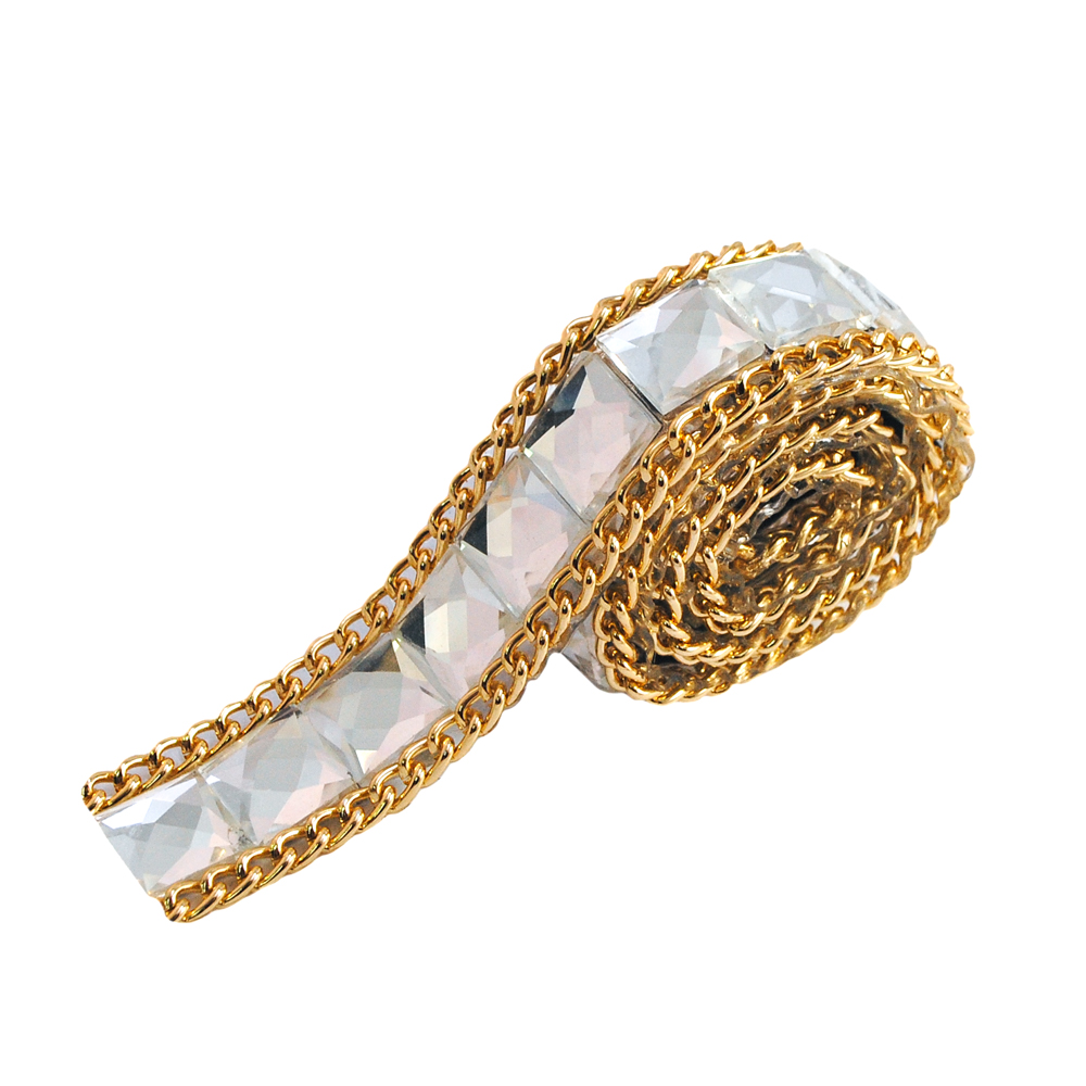 Тесьма стразы клеевые Ch04, белые квадратные камни 10мм, жемчуг, цепи GOLD, ярд. Тесьма из страз