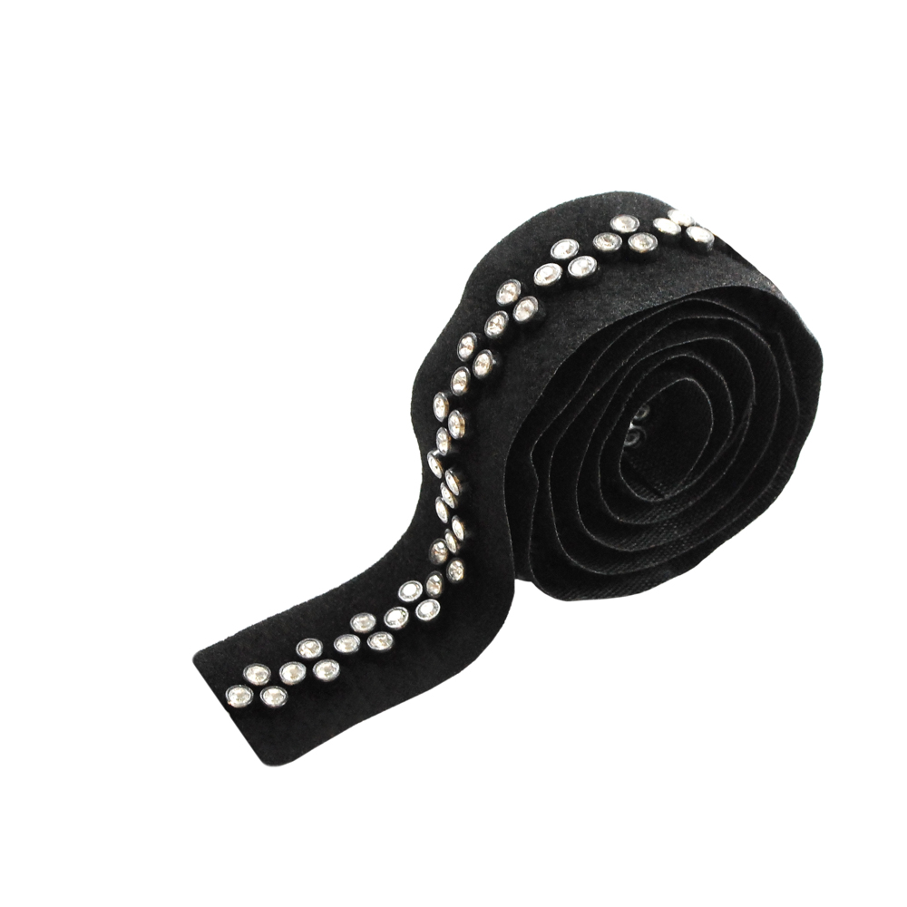 Тесьма вельвет стразы SS Ромб, камни - 2 ряда, 23мм черная ярд. Тесьма