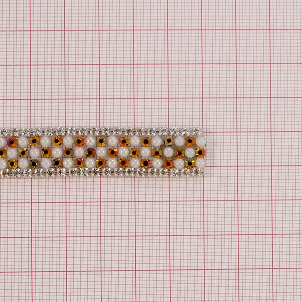 Тесьма стразы клеевые C1-1,1,4см. NIKEL, камни красный хамелеон, белый жемчуг, ярд. Тесьма из страз