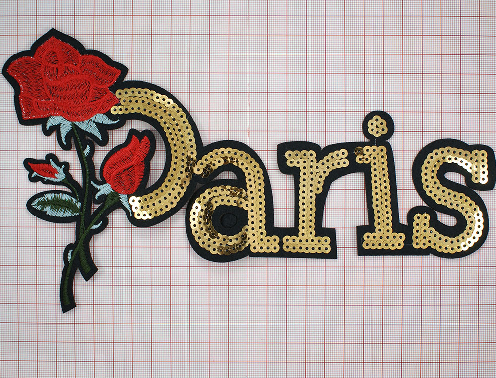 Аппликация пришивная пайетки PARIS 25*14.5см красные, светло-зеленые нити, золотистые пайетки, шт. Аппликации Пришивные Пайетки