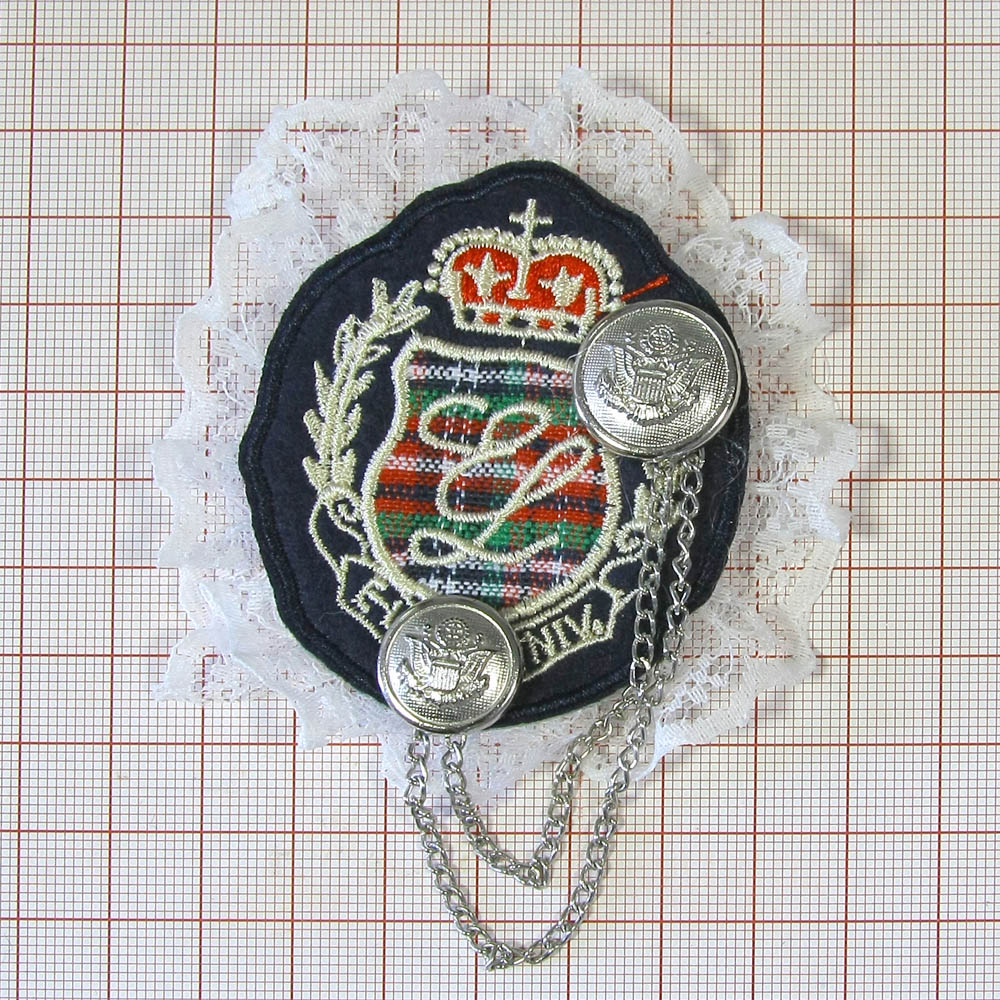 Брошь № 09 Е люрекс серебро, 2 пуговицы, цепи, кружево (синий войлок), шт . Броши