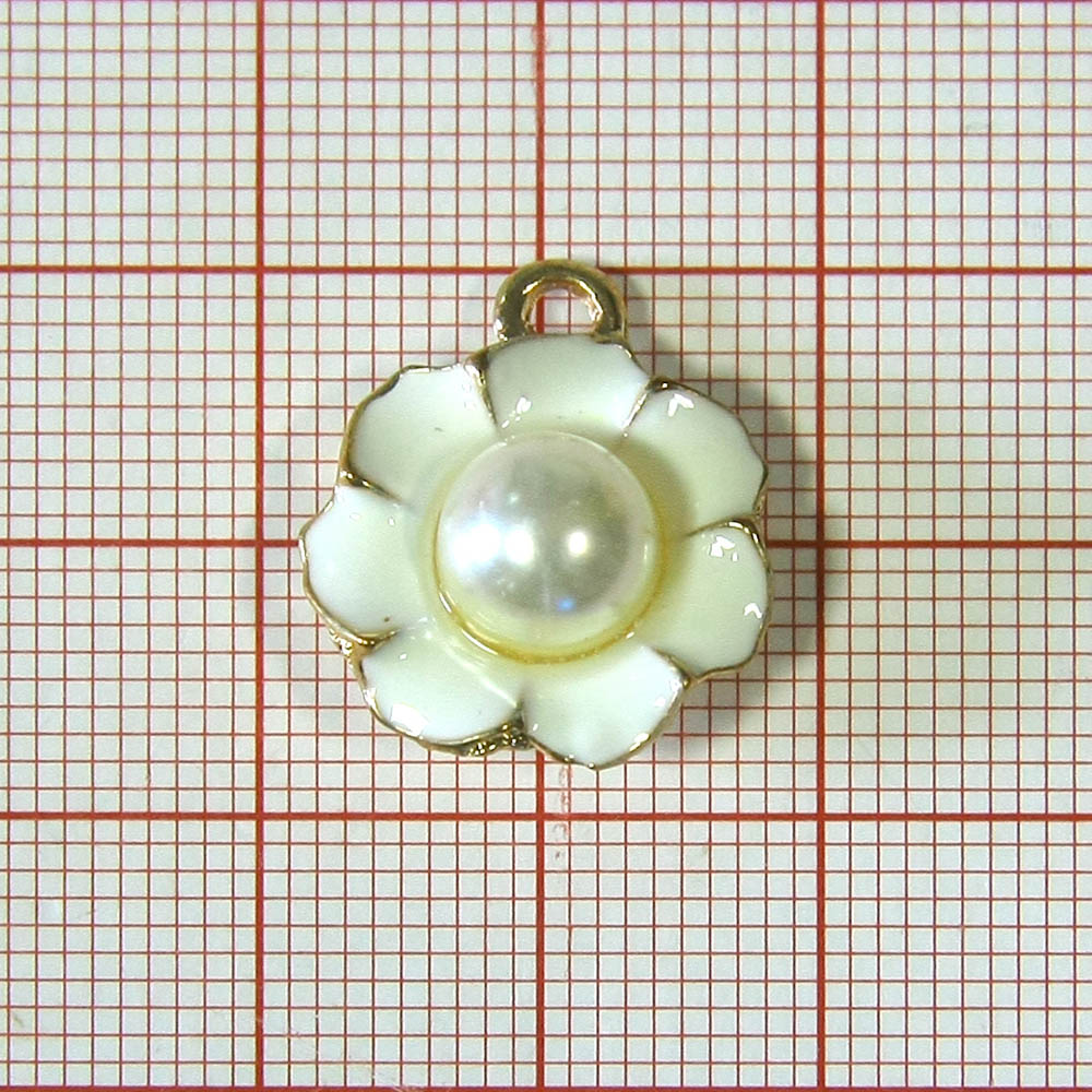 Подвеска металл Цветок 7 лепестков и жемчужина 17*19мм, GOLD, белая эмаль, белый жемчуг, шт. Подвески