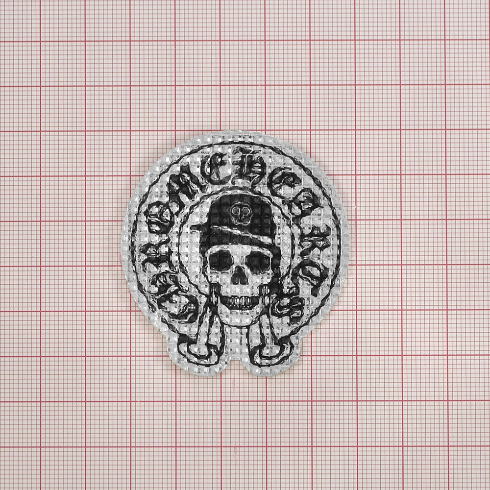 Аппликация клеевая резиновая D124 Череп 50*54мм белый, черный рисунок, шт. Аппликации клеевые Резина, Силикон