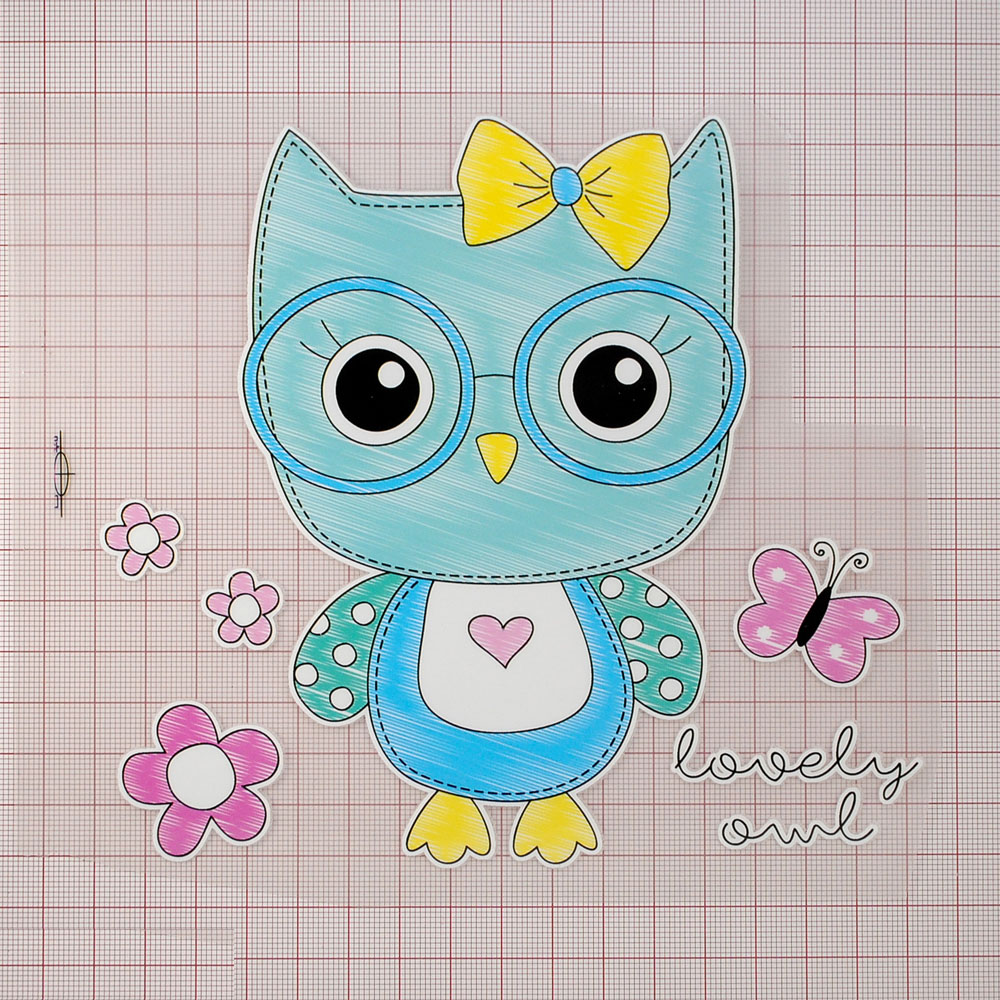 Термоаппликация Сова, бант 16*14,7см,  голубой, зеленый, розовый, желтый, черный, шт. Термопереводки Детские