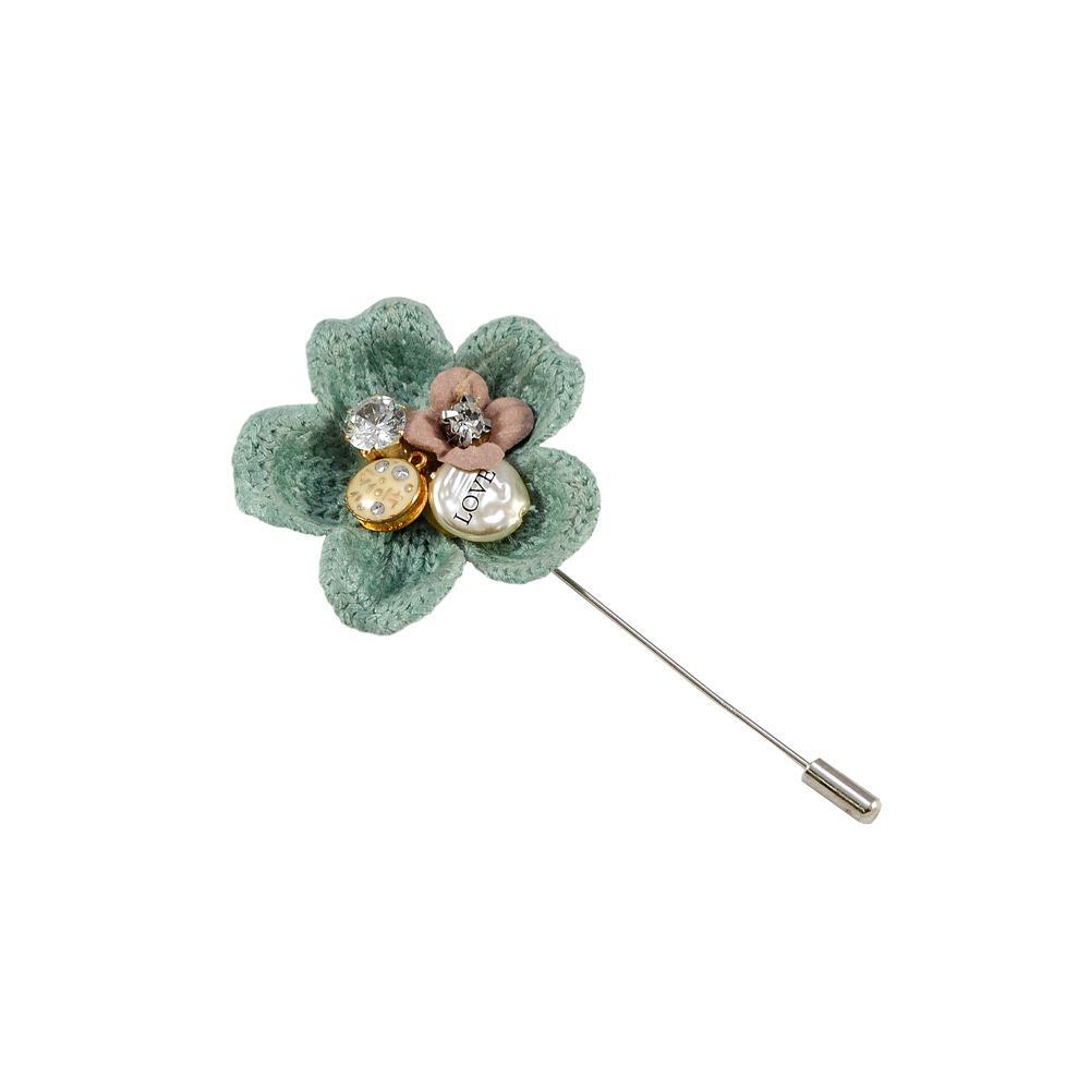 Булавка Вязаный цветок 5 GOLD, зеленый, белые камни, шт . Булавки