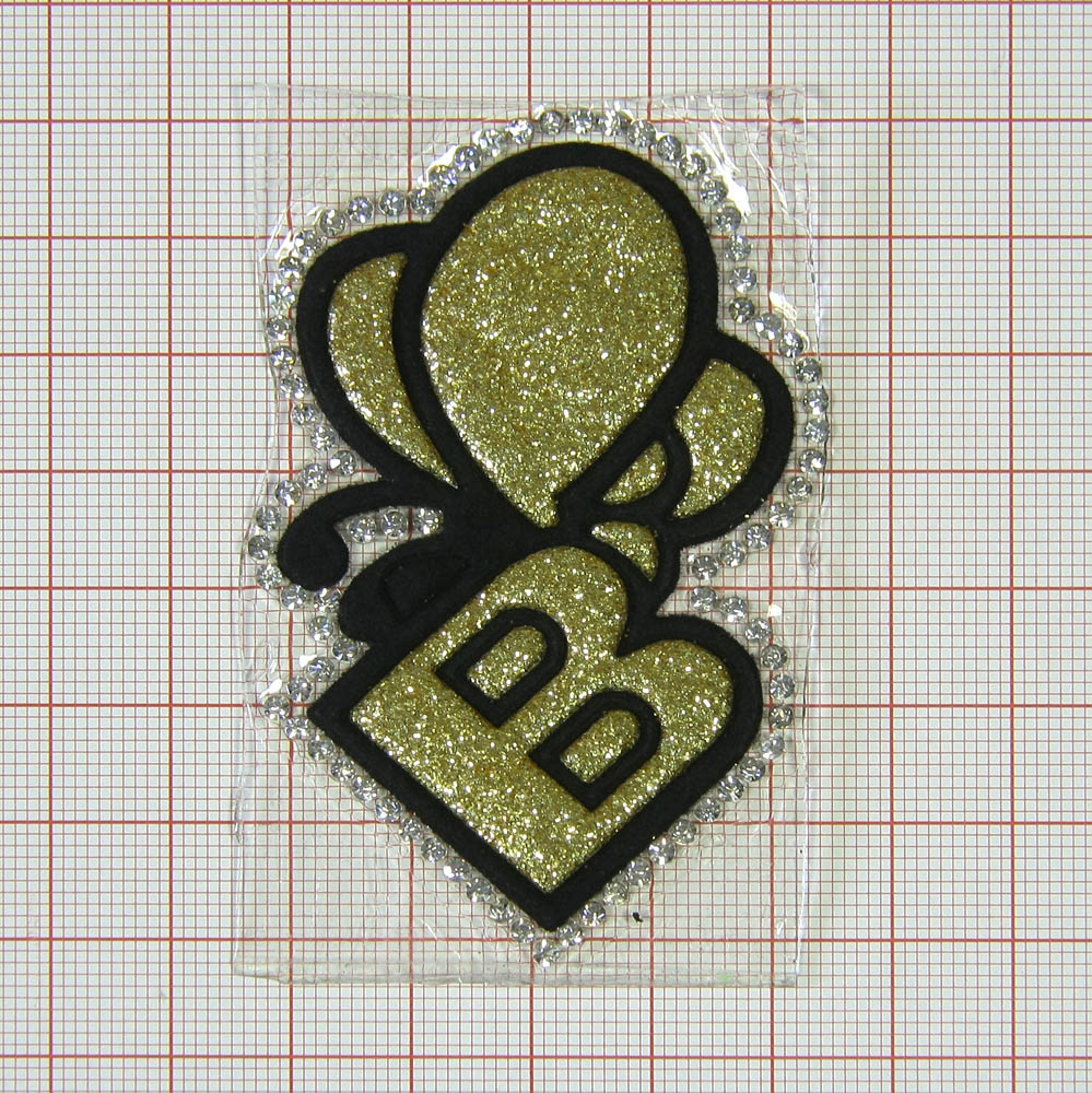 Аппликация клеевая глиттер стразы B Бабочка 6*6см золото, черный, белые камни, шт. Аппликации клеевые Глиттер