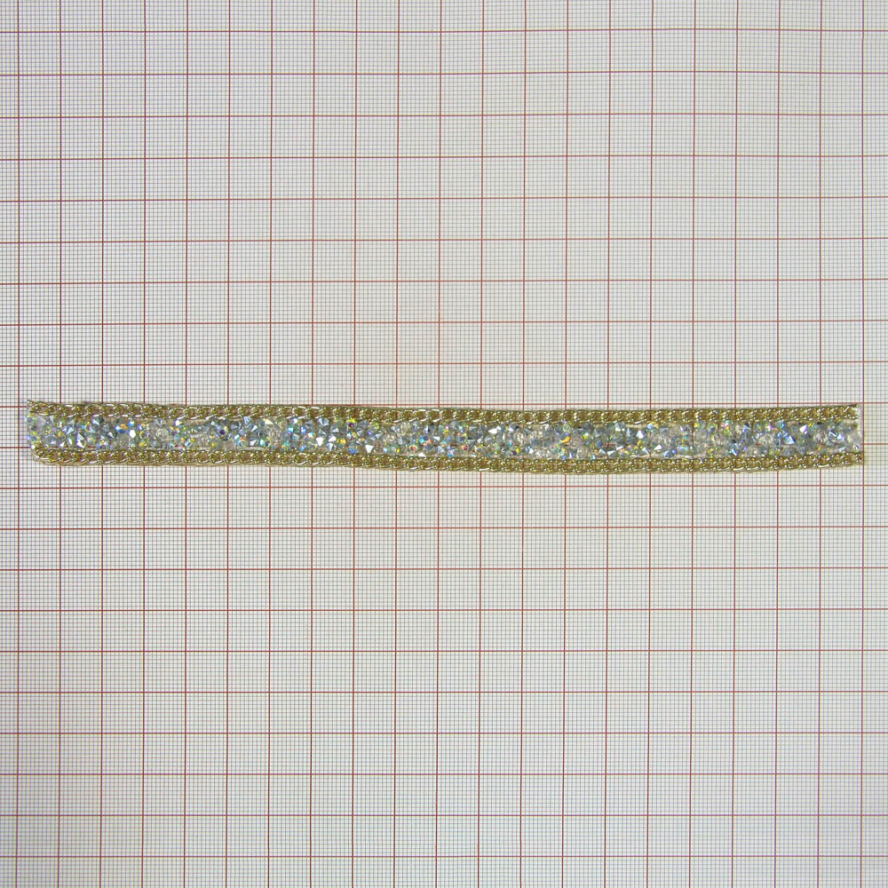 Тесьма стразы клеевые Угольки 18мм цепь GOLD, белый хамелеон с серебром, ярд. Тесьма из страз