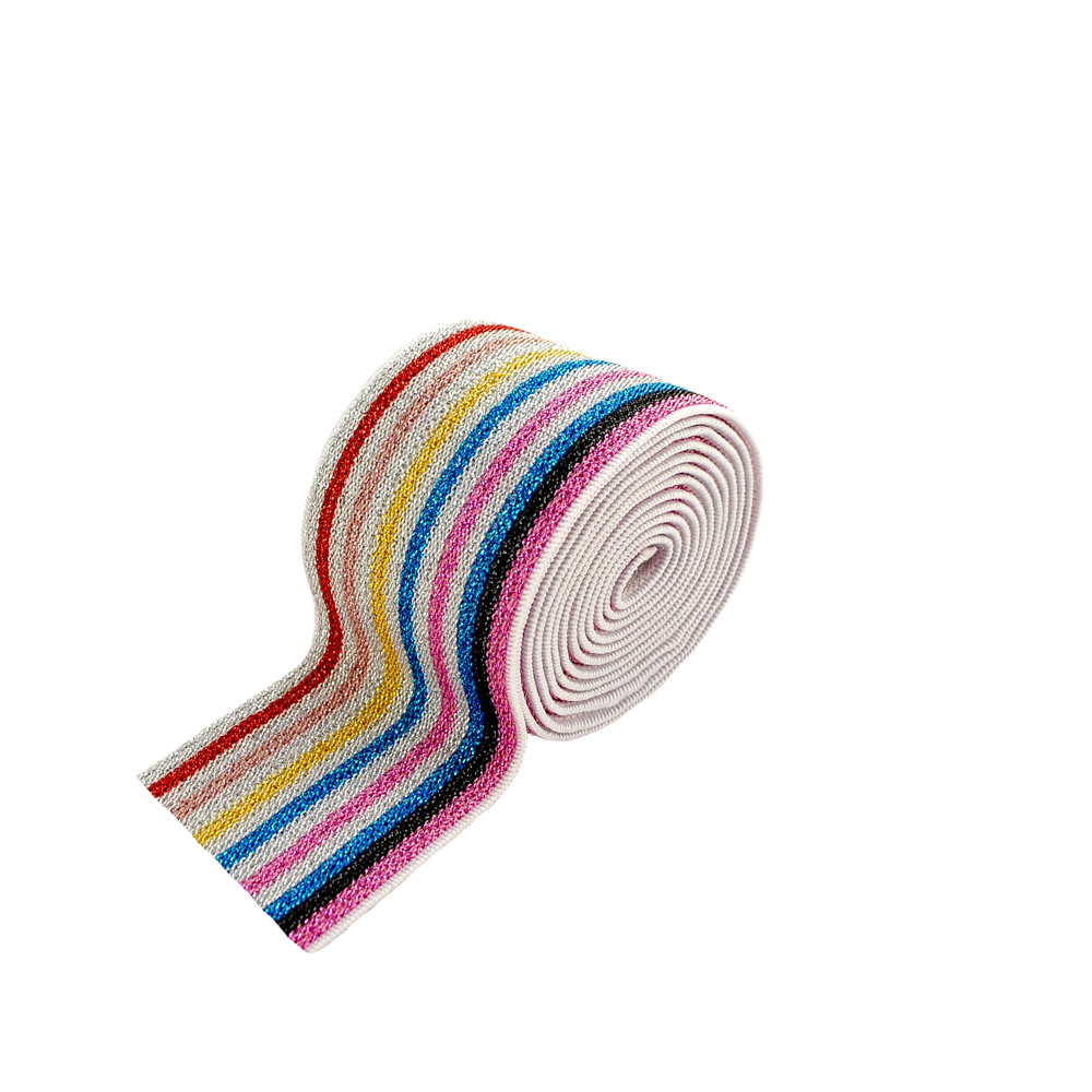 Резинка люрекс Полосы 4см, голубой и розовый, черный, синий, желтый, серебряный, красный люрекс, 50ярд. Резинка