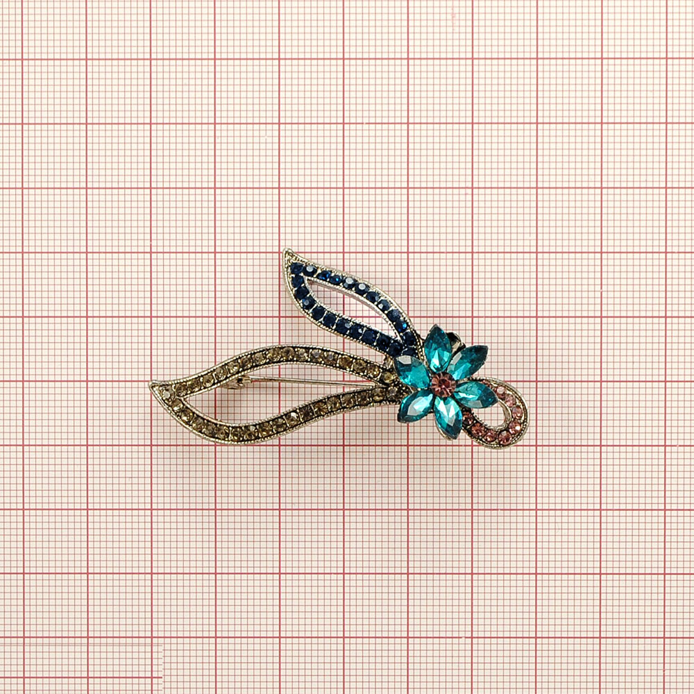 Брошь Цветок, old silver, темно-синие камни, сиреневые камни, серые камни, шт. Броши