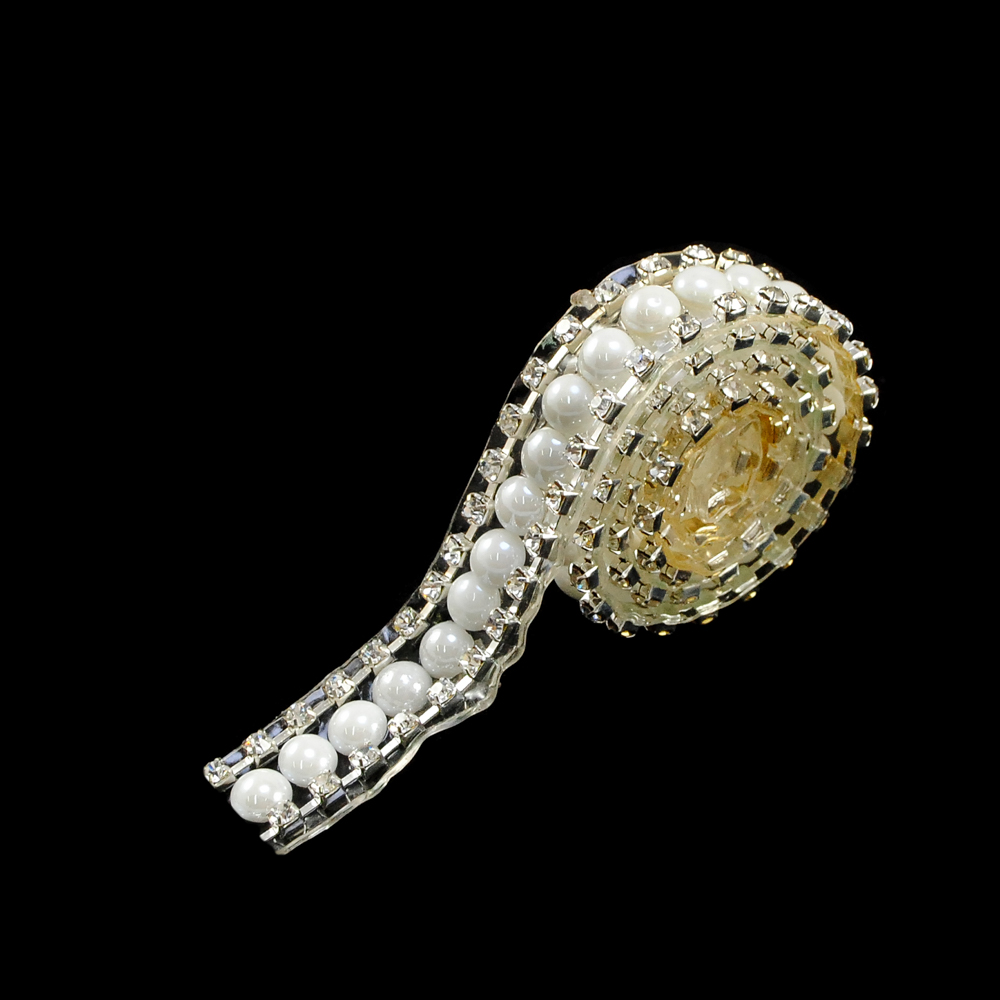 Тесьма стразы клеевые Жемчуг 10мм nikel, белые камни, жемчуг, ярд. Тесьма из страз