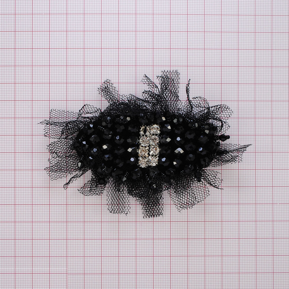 Аппликация декор черная сетка, темно-синие бусины, камни в металле. Аппликация Декор