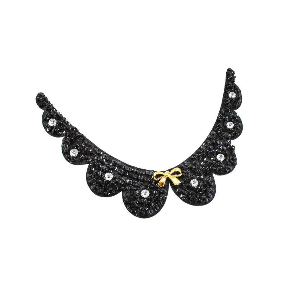 Воротник BS-015 Волны 19*16см черный бисер, золотой бант, белые камни, шт. Воротники