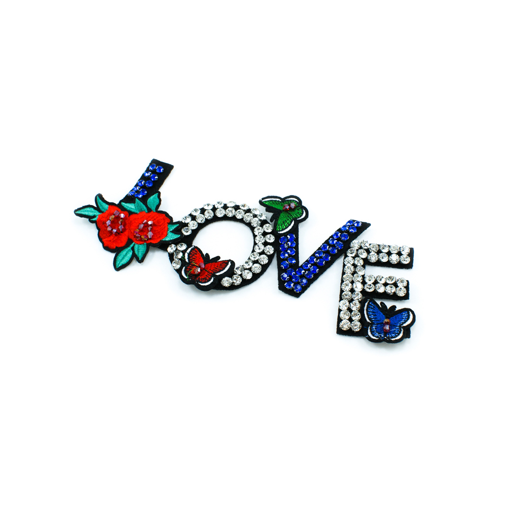 Аппликация пришивная стразы Love, 20*9см, белые и синие стразы, 2 розы, 2 бабочки. Аппликации Пришивные Стразы, Бисер, Металл