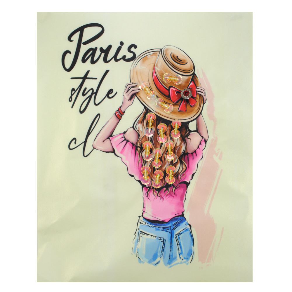 Аппликация пришивная с пайетками и стразами Девушка в шляпе Paris, 18,8*23,9см, черный, белый, розовый, синий, шт. Аппликации Пришивные Ткань, Органза