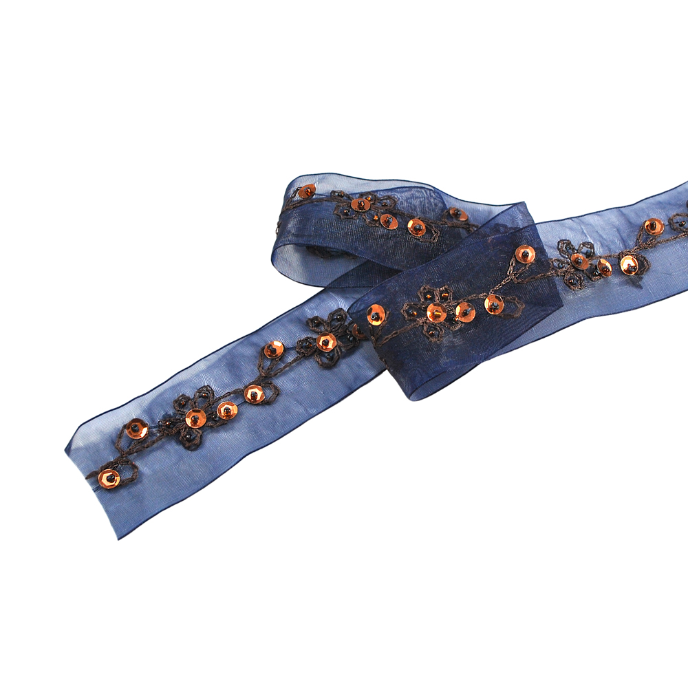 E-117 Тесьма, 4см, органза темно-синяя,  медная вышивка-ветка с цветком, медные пайетки, м. Отделка Тесьма