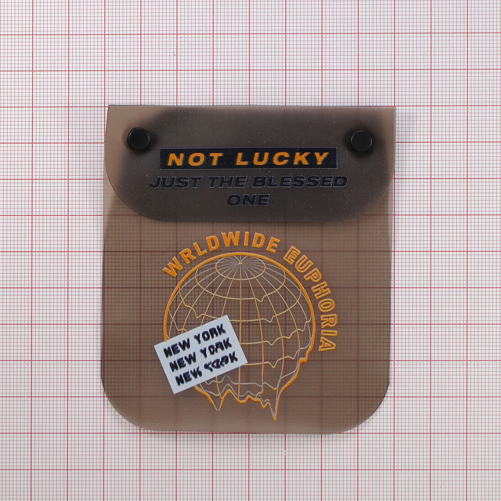 Лейба клеенка Карман с блочкой Not lucky, 8*9см, сер., желт., прозр., тёмный никель, шт. Лейба Клеенка