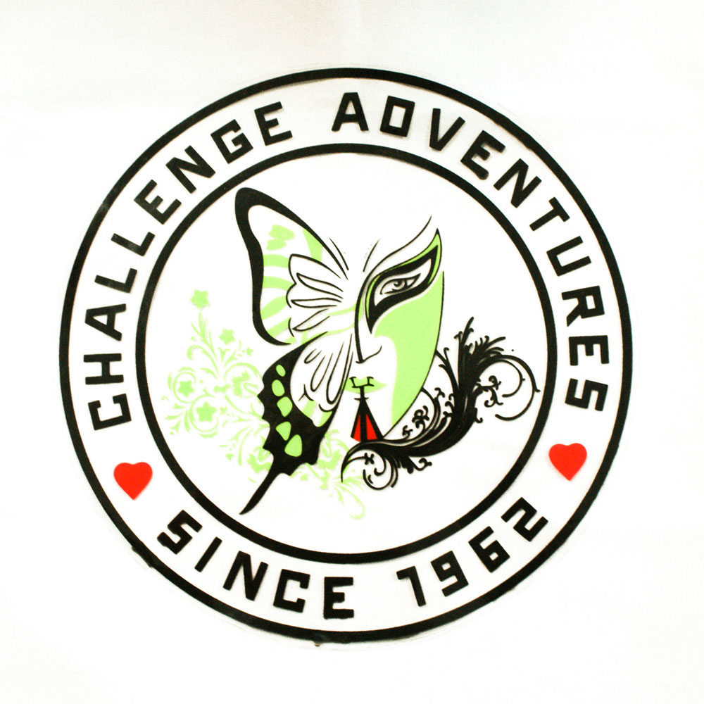 Аппликация клеенка пришивная прозрачная CHALLENGE ADVENTURES, Ø 7см салатовая бабочка, белый фон, черный текст, красные сердца, шт. Аппликации Пришивные Резина, Силикон