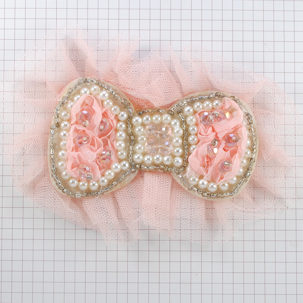 Аппликация декор №168 Бант розов. сетка, жемчуг, камни, бисер. Аппликация Декор