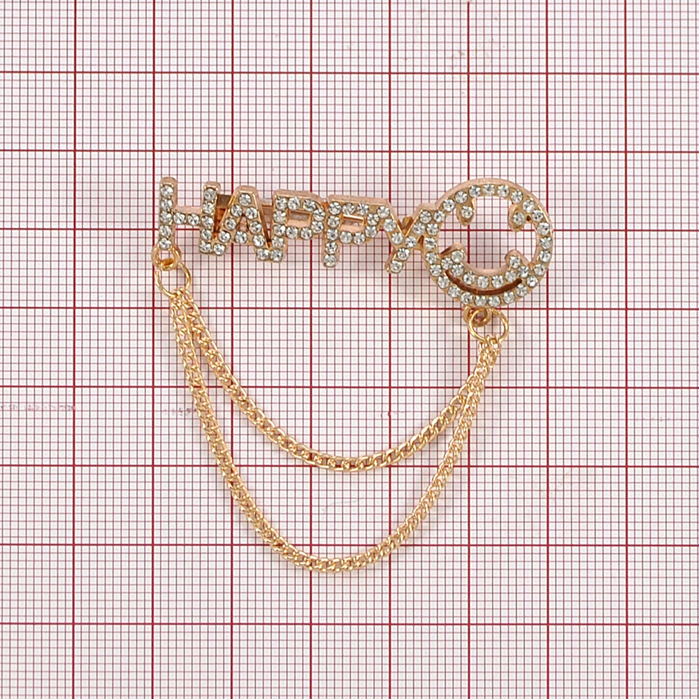 Брошь Happy Смайл, 5*5,5см, золото, стразы, цепь, шт. Броши