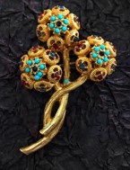 Брошь Цветы, 5,8*4см, золото, голубой, красный, голубой, шт . Броши