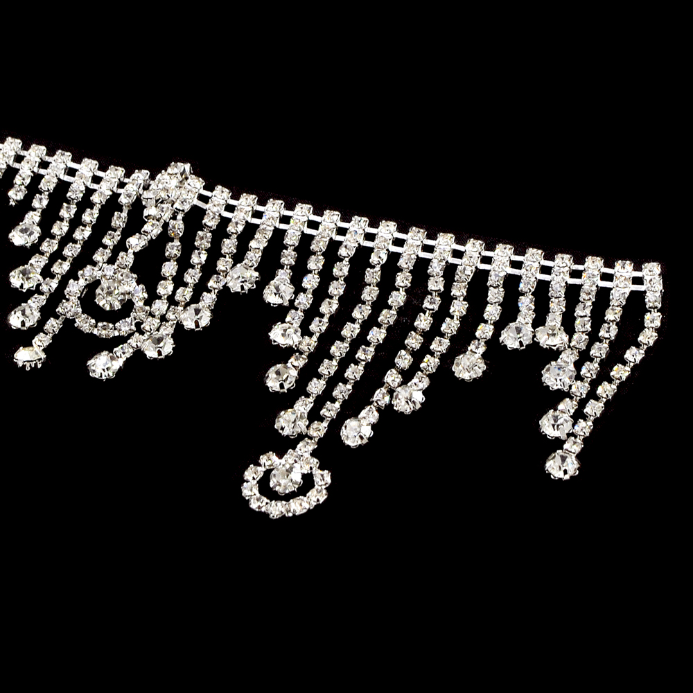 Тесьма стразы с подвесками, 6,5см, никель, белый, ярд. Тесьма из страз