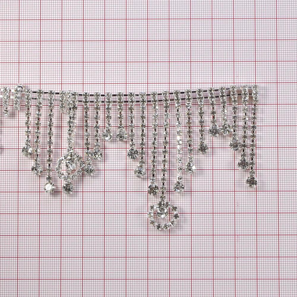 Тесьма стразы с подвесками, 6,5см, никель, белый, ярд. Тесьма из страз