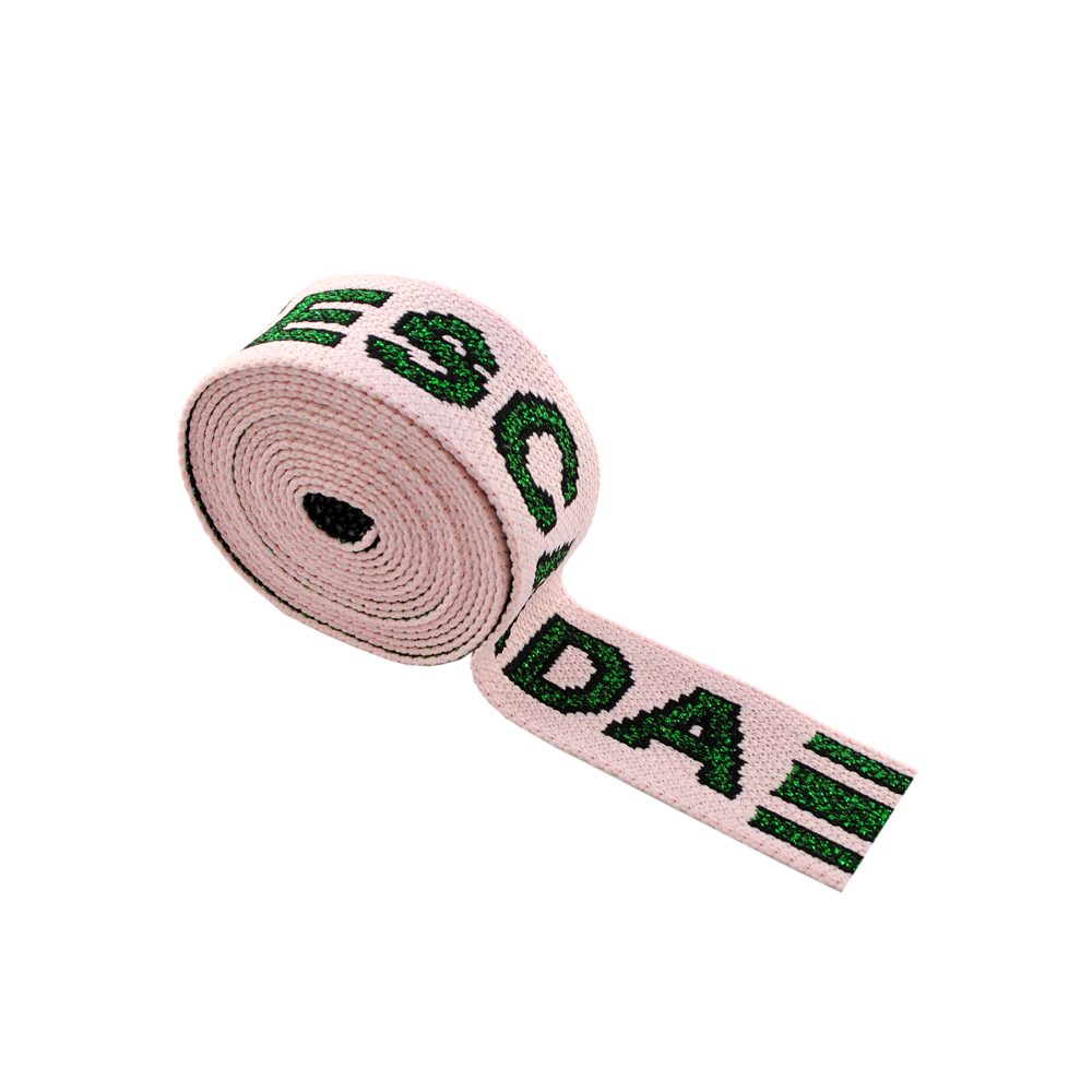 Тесьма люрекс Полосы 3,4см, розовый фон, зеленый люрекс, 50ярд. Тесьма