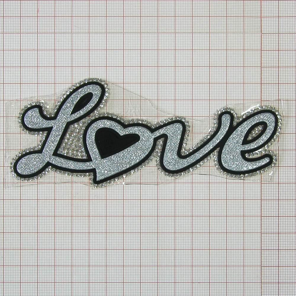 Аппликация клеевая глиттер стразы Love 16*7см серебро, черный, белые камни, шт. Аппликации клеевые Глиттер