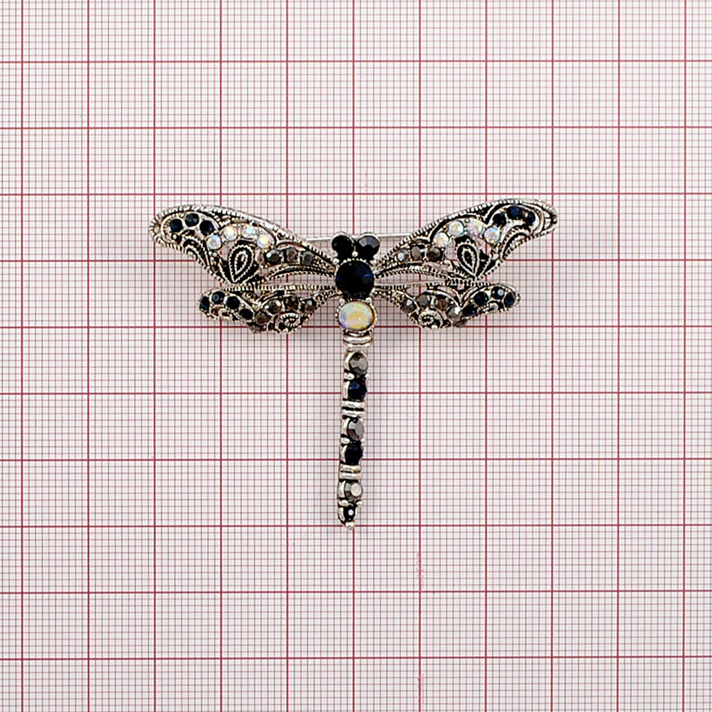 Брошь металлическая со стразами Стрекоза, old silver, черный, белый хамелеон, black diamond, шт. Броши